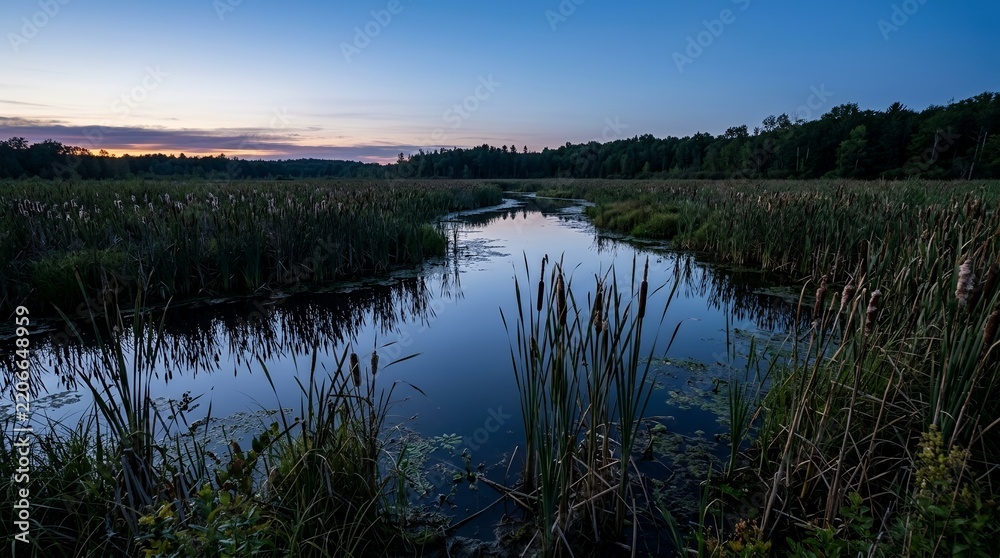 Obraz premium Peaceful Swamp Landscape with Tall Reeds and Water Reflections under a Vibrant Blue and Pink Twilight Sky at Sunset