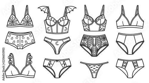 Halloween Themed Lingerie Line Art Set, Bras and Panties Vector Outline Isolated on White Background 
