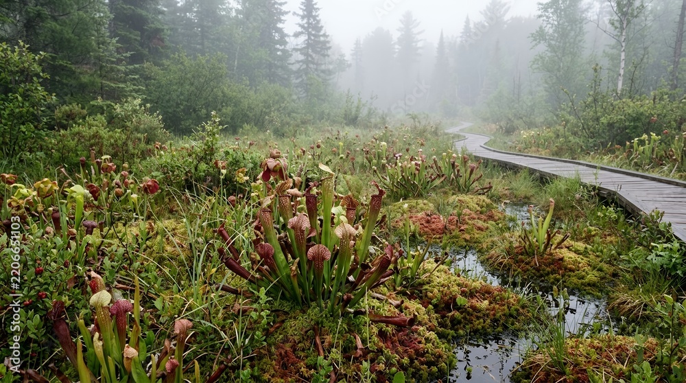 Naklejka premium Exotic carnivorous pitcher plants in a misty swamp bog with a winding wooden boardwalk through a foggy pine forest.