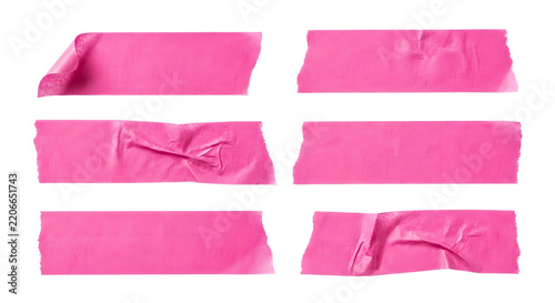 Set of pink adhesive tape strips with crumpled texture isolated on transparent background