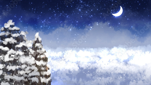 三日月と星空が輝く冬の雪景色の背景イラスト