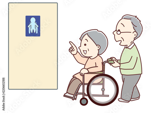 介護、トイレを指さす、車いすの女性をトイレに連れていく介護者