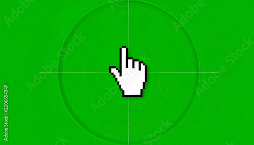 Digital Cursor Hand Icon Clicking on a Green Screen with Circular Target and Crosshairs Symbolizing Selection and Choice