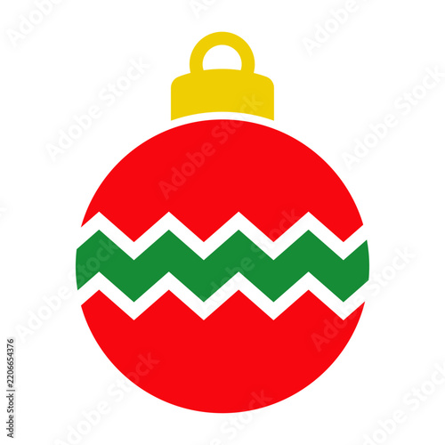Decoración de Navidad. Logo con silueta de bola de navidad con líneas paralelas en zigzag de varios colores, para tarjetas y felicitaciones
