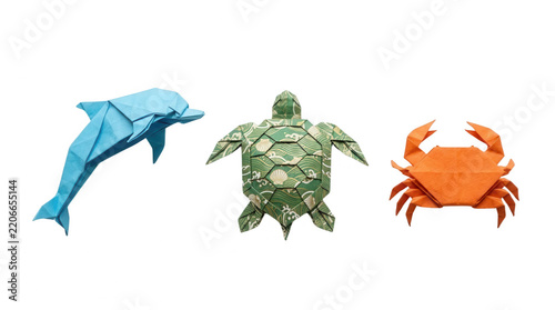 Origami Marine Animals, featuring paper art, marine life, dolphin, turtle, crab, blue paper, green paper, orange paper, handcrafted, creative, sea creatures