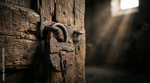 Ancient wooden door secured with a heavily rusted padlock, illuminated by a beam of sunlight filtering into a dark, forgotten room, evoking mystery and history