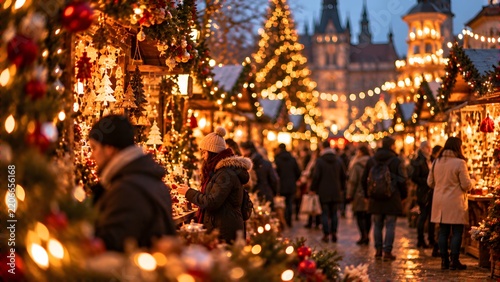 Crowd enjoying christmas market with festive lights and holiday decorations in european square