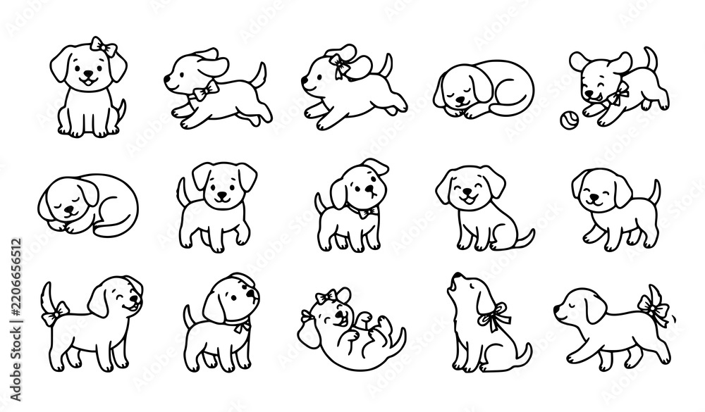 Obraz premium Cute Puppy Vector Illustration Set with Playful Poses, Sleeping, Running, and Sitting Dogs for Kids and Pet Design