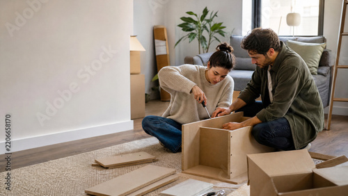 Young couple sitting on the floor assembling wooden furniture pieces inside their new apartment home
