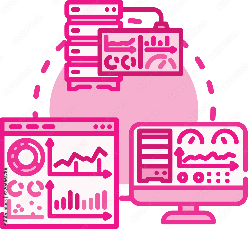 Obraz premium Dashboard icon presenting diverse data analytics, processing, and visualization across desktop monitors and laptops for comprehensive business intelligence and health monitoring