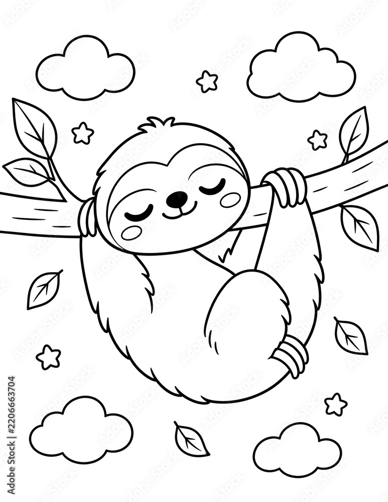 Obraz premium Kawaii sloth sleeping peacefully on a tree branch surrounded by clouds stars and leaves outline