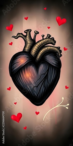 Whimsical illustration of a single black heart with intricate details, simplicity, affection