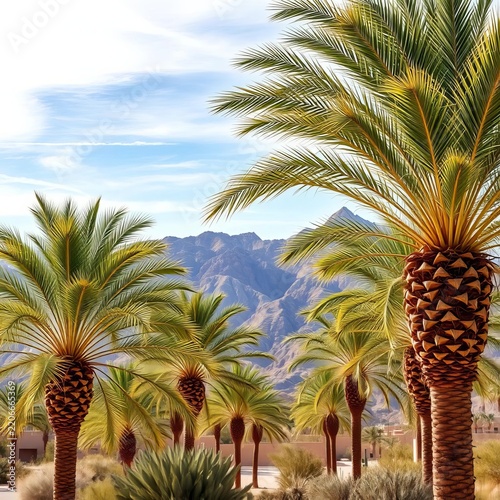 Palms swaying gently in desert breeze, mountain range in background, scenic view, California