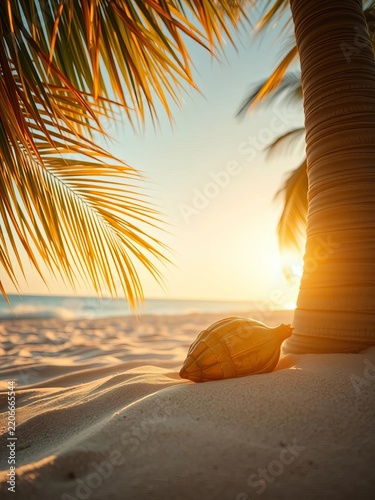 Golden husk glistens on sandy shore as palm fronds sway in gentle breeze, tropical sunset, palm trees