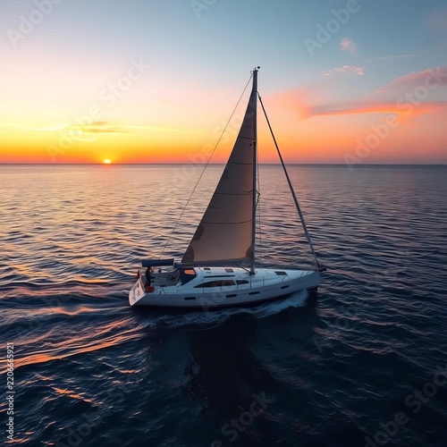 Sailboat gliding smoothly across calm waters at sunset, sea, ||sailboat