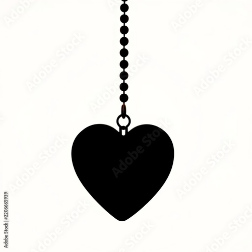 Silhouette of a black heart pendant suspended from a beaded chain on a white background, necklace, jewelry