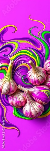 Vibrant swirls of purple, green, and yellow dance across a plate of stylized garlic cloves, artistic, unique
