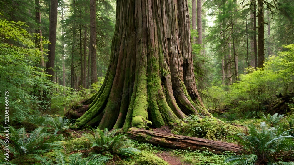 Fototapeta premium Ancient cedar tree in lush mossy forest