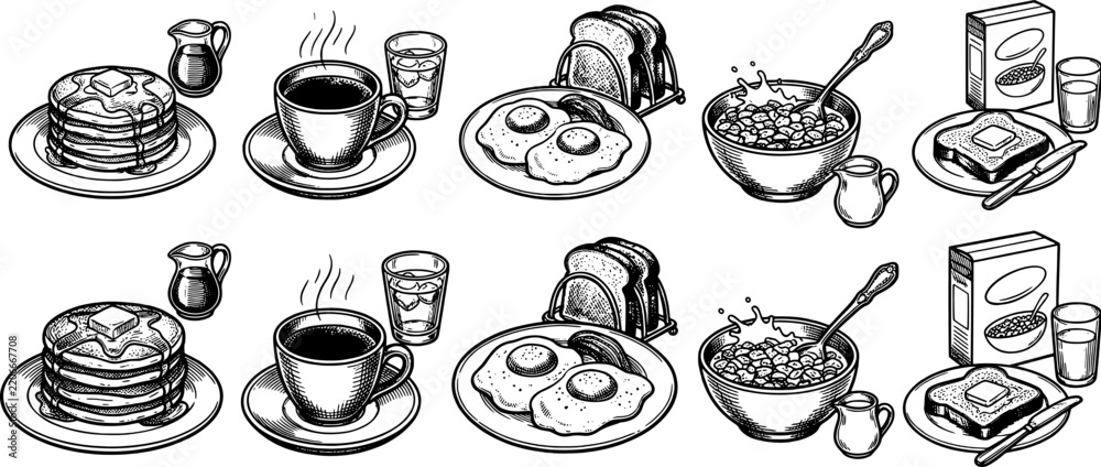 Fototapeta premium Breakfast food icon set in engraved blue line art style including pancakes, coffee, fried eggs, cereal bowl, toast and milk.