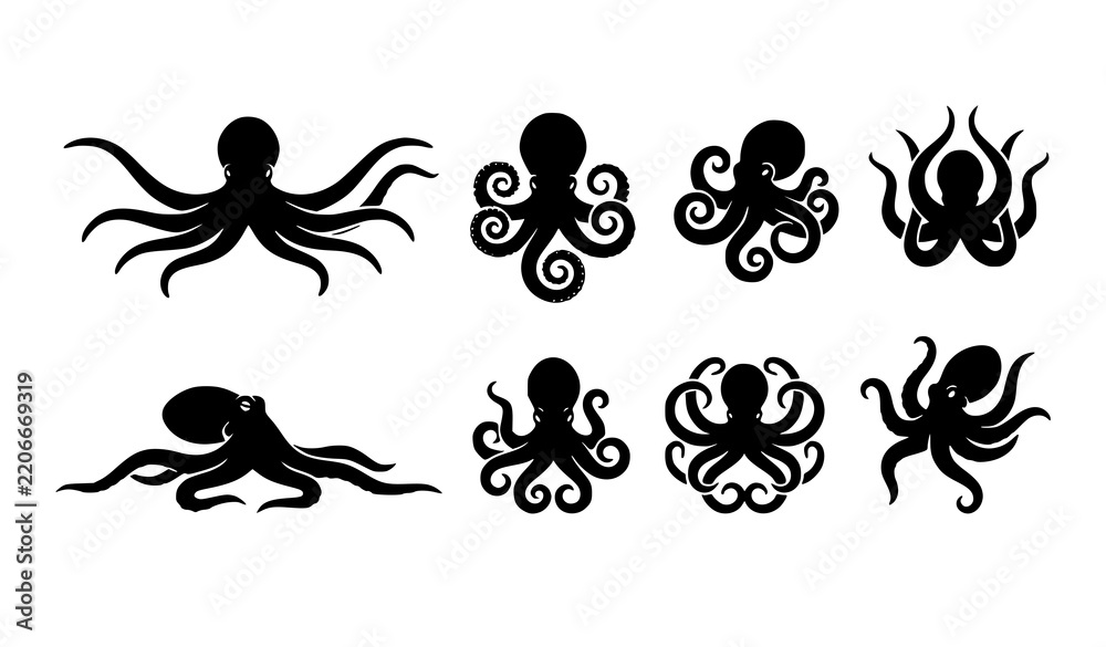 Obraz premium Stylized Black Octopus Monster Silhouette Vector Sticker Collection