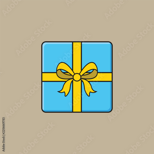 Top view of blue gift box yellow ribbon illustration with pastel sky color and soft background for birthday or celebration