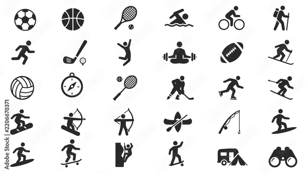 Fototapeta premium Icon set featuring sports, exercise, and outdoor activities in a solid black silhouette style.