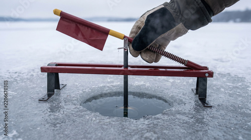 Ice fishing tip-up setup on frozen lake with gloved hand  