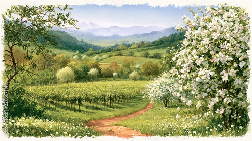 Rolling vineyard hills landscape with mountains in the background