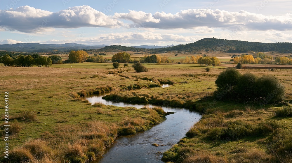 Obraz premium Scenic wetland marsh with reflective stream and open blue sky