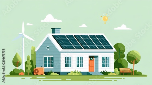 Teal illustrated eco house with rooftop solar panels and green energy