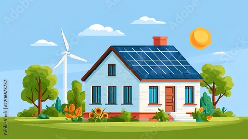 Illustrated house with solar panels and wind turbine under a blue sky