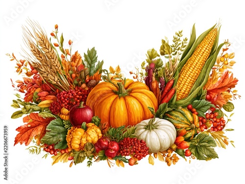 Autumn harvest border illustration with pumpkins corn and wheat