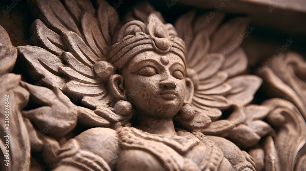 Fototapeta premium Close up of an intricately carved stone deity head with ornate headdress and leafy decorative elements