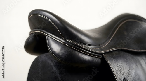 Close up of a black leather equestrian English horse saddle on plain light background.