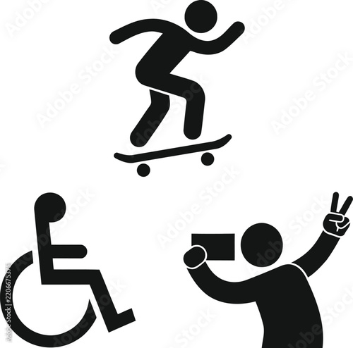 Skateboarder, wheelchair user and peace sign pictogram icons