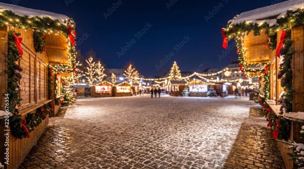Obraz premium Christmas market square displays wooden stalls decorated with festive lights and pine garlands at dusk.