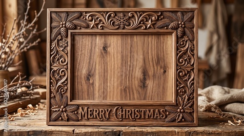 Wooden picture frame featuring carved festive motifs and the words Merry Christmas.