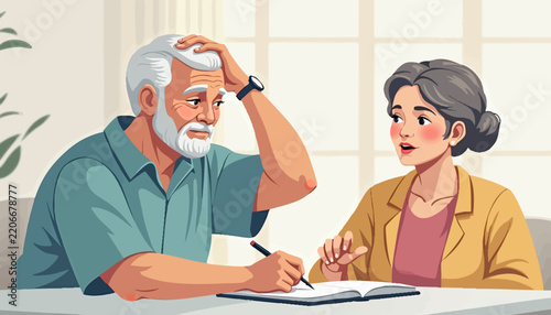 Elderly couple discussing financial matters with paperwork on table. Senior man looks concerned while middle-aged woman gives advice and support in focused conversation.