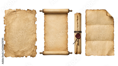 Antique parchment scrolls and aged paper sheets with rough edges isolated on transparent background