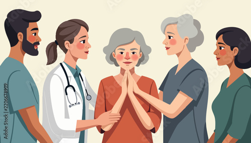 Supportive healthcare team with elderly woman in center surrounded by caregivers and medical professionals. Team consists of doctors and nurses showing compassion and care for senior patient.