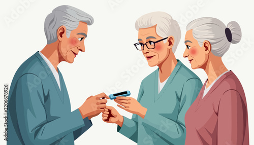 Elderly people engaging in conversation with a medical instrument, one showing care and attention. Group of seniors sharing experiences and knowledge about health,