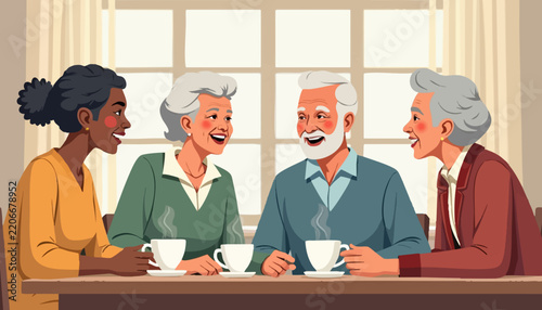 Elderly friends enjoying coffee together in warm setting with laughter and smiles. Group of seniors engaging in cheerful conversation over cups of coffee.