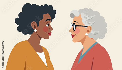 Close connection between two women with diverse backgrounds, one with curly black hair and the other with gray hair. Emphasis on intergenerational friendship and mutual respect among women.