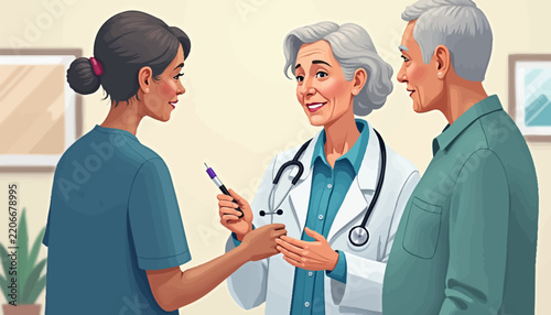 Doctor discussing health with patient and caregiver in medical office. Doctor explaining treatment options with compassionate approach to patient and family.