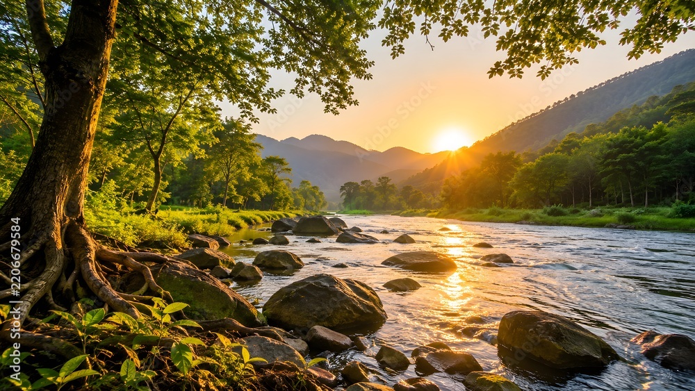 Obraz premium Riverbank Tree and Mountain Sunrise