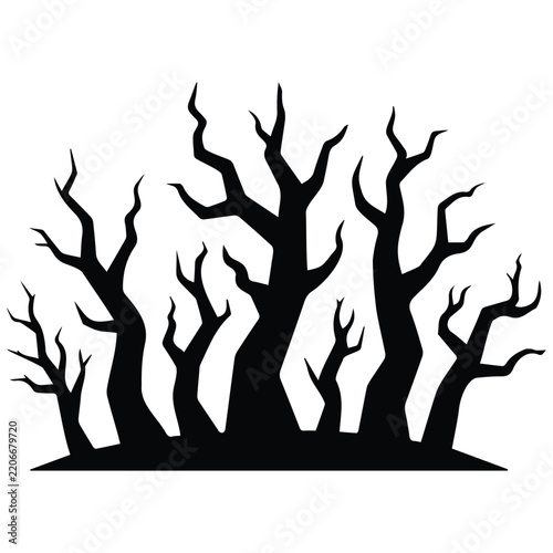 Leafless scary tree silhouettes vector illustration for haunted house graphic decoration.