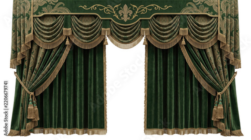Ornate green velvet drapery with gold trim and fleur de lis accent isolated on transparent background