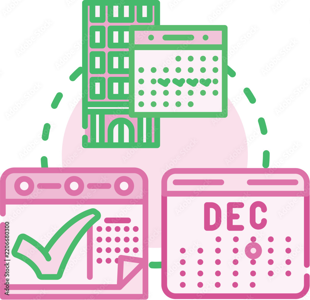 Obraz premium Check-in registration and booking schedule concept. Queue departure, timetable reception, calendar planning icon vector illustration