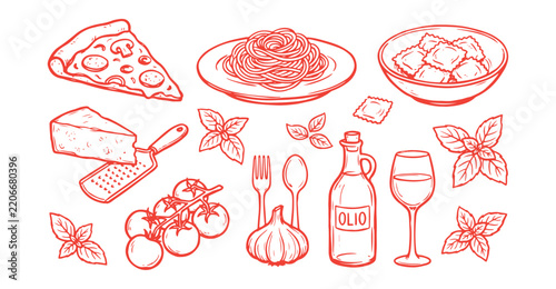 Italian Food and Traditional Cuisine Doodle Vector Set with Hand Drawn Line Art of Pizza, Pasta, Ravioli, Cheese, Olive Oil, Tomatoes, Garlic, Basil and Dining Ingredients