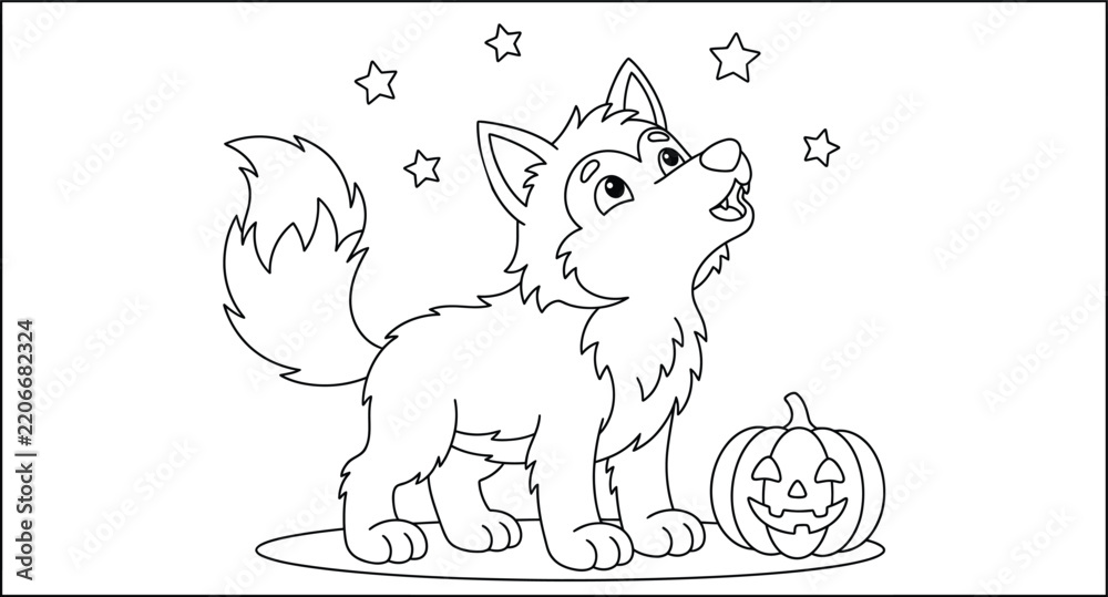 Fototapeta premium Cute Wolf Coloring Page for Kids with Jack-o-lantern Pumpkin and Stars, Vector Line Art Illustration